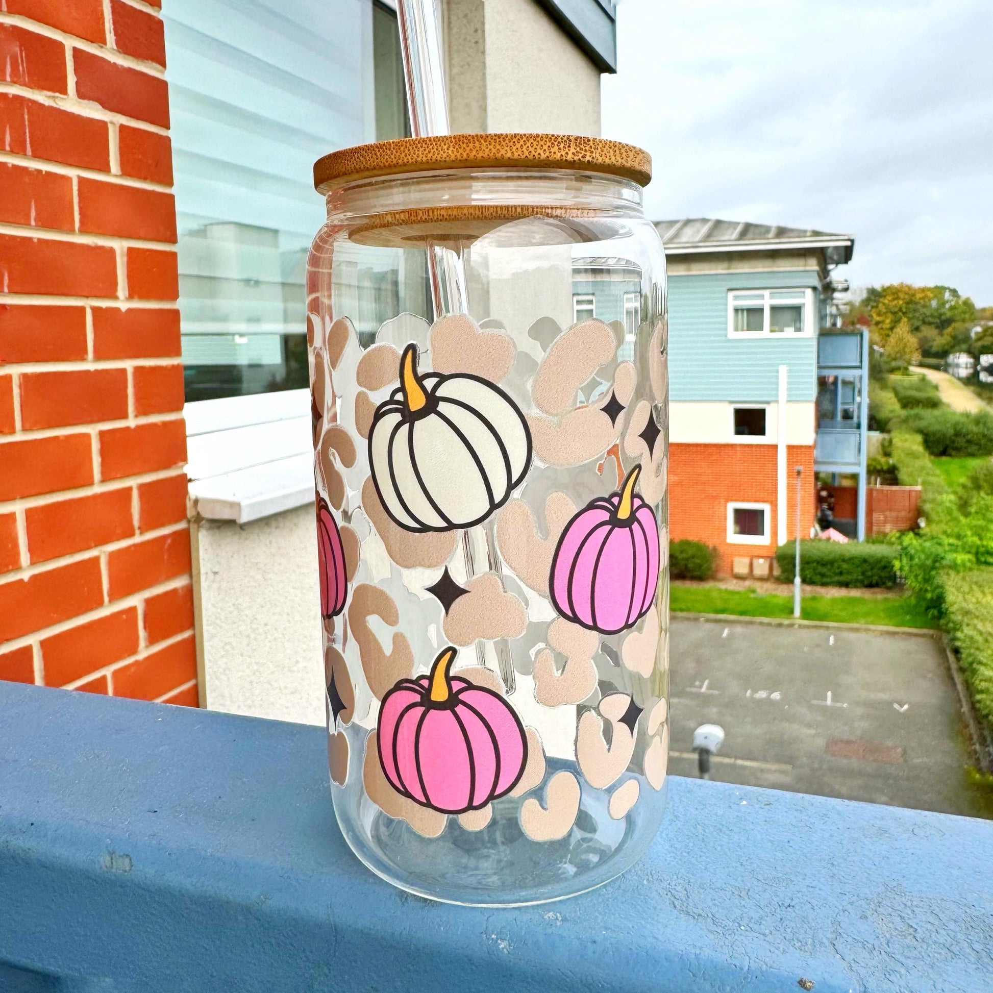 Cute Fall Iced Coffee Glass Pumpkin Season Gift, Autumn Themed Glass Tumbler Mug, Pumpkin Iced Coffee Can Glass, 16oz Coffee Can Glass