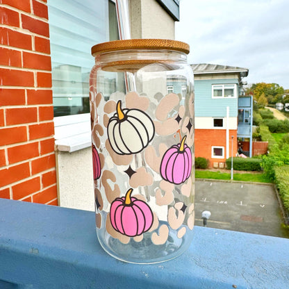 Cute Fall Iced Coffee Glass Pumpkin Season Gift, Autumn Themed Glass Tumbler Mug, Pumpkin Iced Coffee Can Glass, 16oz Coffee Can Glass