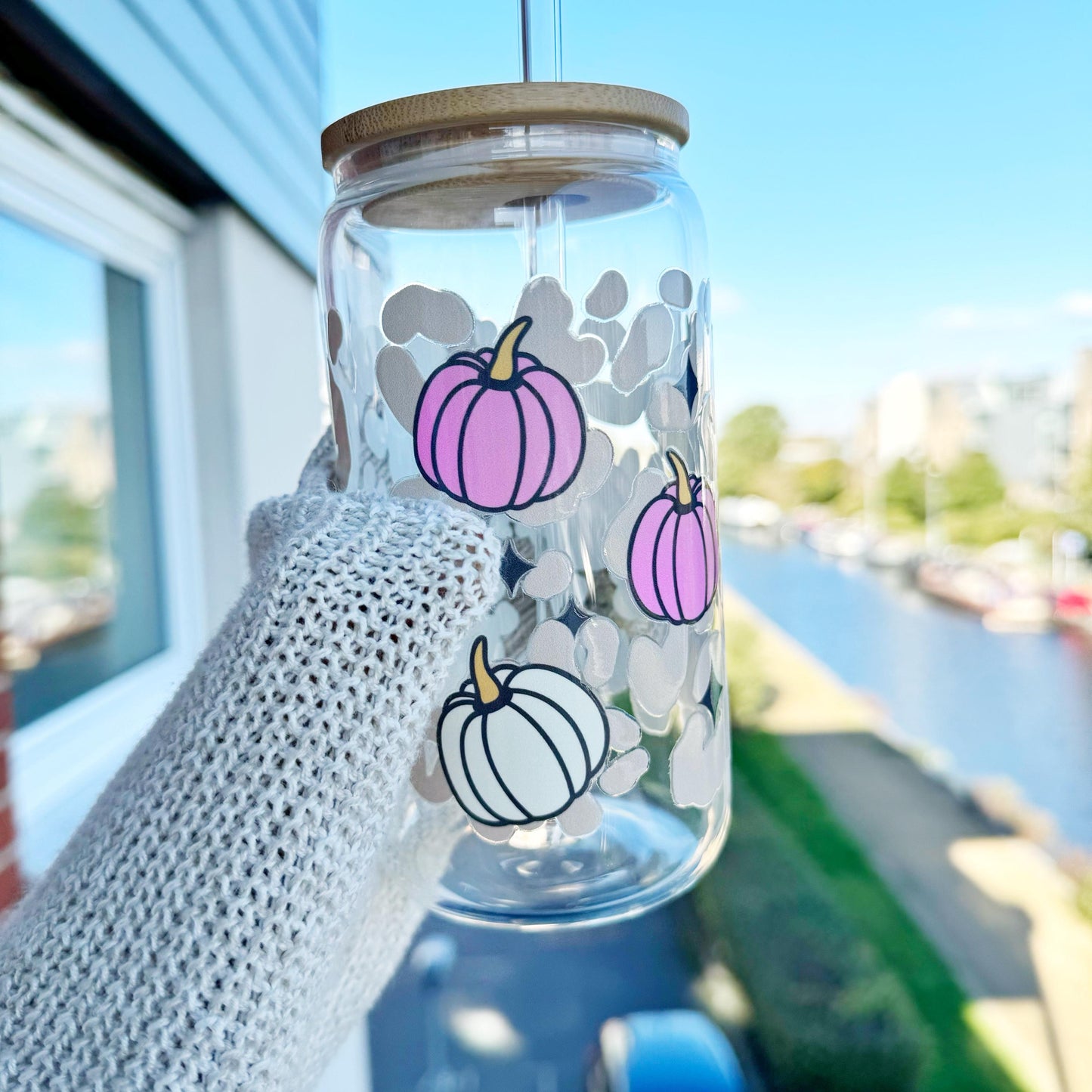 Cute Fall Iced Coffee Glass Pumpkin Season Gift, Autumn Themed Glass Tumbler Mug, Pumpkin Iced Coffee Can Glass, 16oz Coffee Can Glass