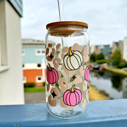 Cute Fall Iced Coffee Glass Pumpkin Season Gift, Autumn Themed Glass Tumbler Mug, Pumpkin Iced Coffee Can Glass, 16oz Coffee Can Glass