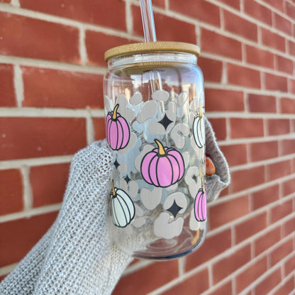 Cute Fall Iced Coffee Glass Pumpkin Season Gift, Autumn Themed Glass Tumbler Mug, Pumpkin Iced Coffee Can Glass, 16oz Coffee Can Glass