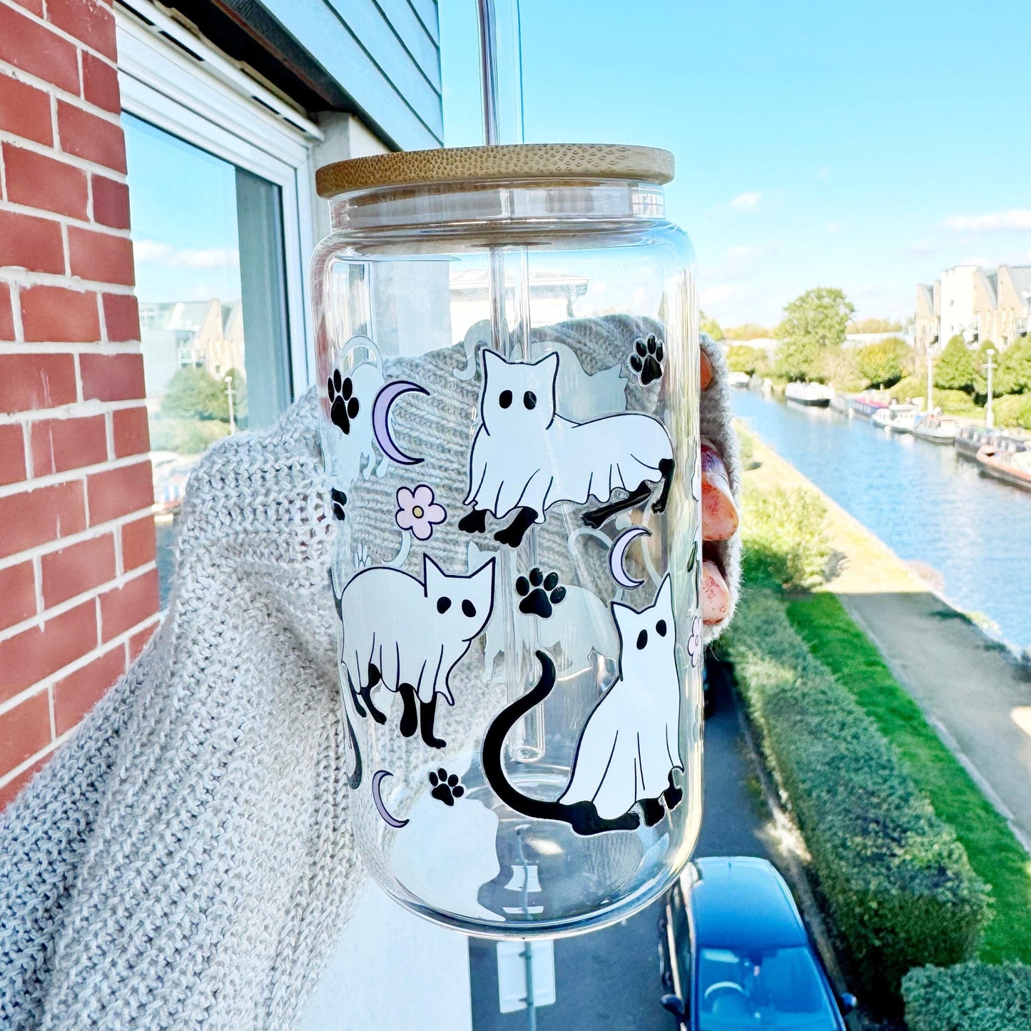 Spooky Boo and Daisy Book Lover Iced Coffee Can Glass, 16oz Beer Can Glass with Bamboo Lid and Glass Straw , Ghost Bookish Cup