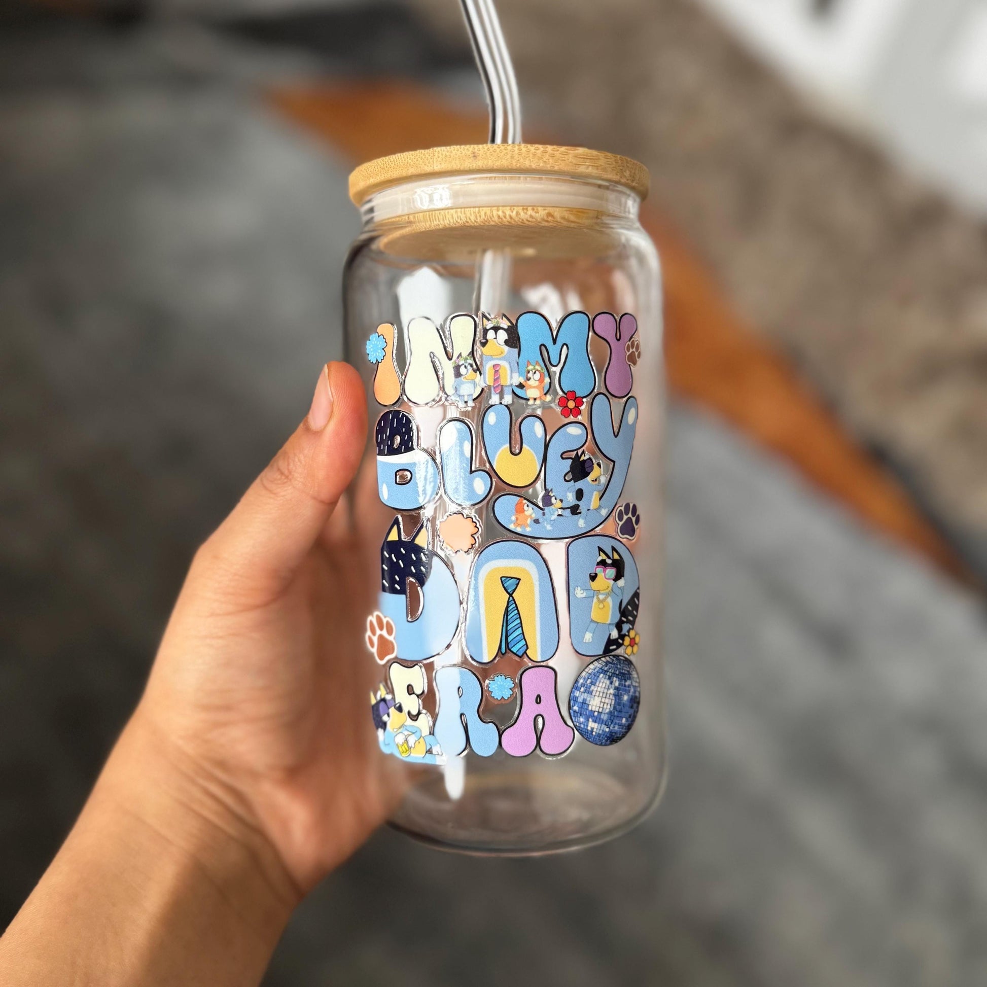 Blue Bandit Best Dad Iced Coffee Can Glass, 16oz Beer Can Glass with Bamboo Lid and Glass Straw,Father’s day Can Glass,Beer Lover Dad