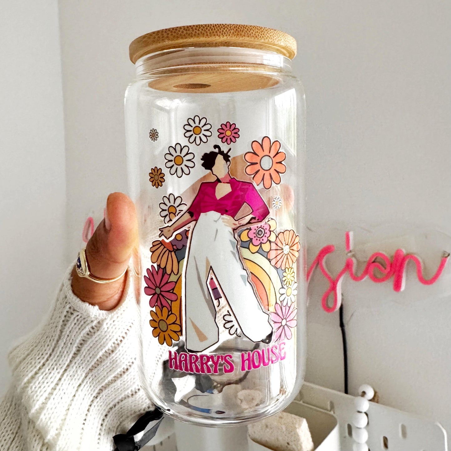 iced coffee glass with bamboo lid and straw