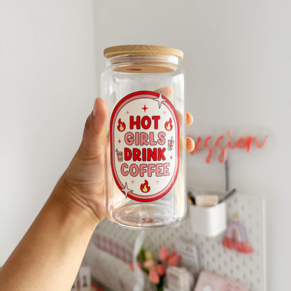 Hot Girls Drink Coffee Glass Can with Bamboo Lid and Glass Straw, 16oz Libbey Iced coffee cup, Coffee lover gifts, Cute Pink Girlie Gifts