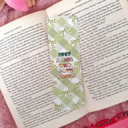 just a girl who loves books green checkered bookmark