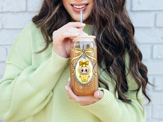 Labubu Yellow Soymilk (SiSi) iced coffee can, Labubu Libbey Glass