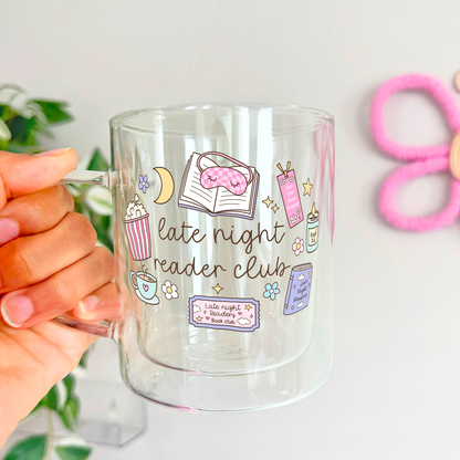 Late Night Reader Book Club Glass Coffee Mug: Double Walled 13oz