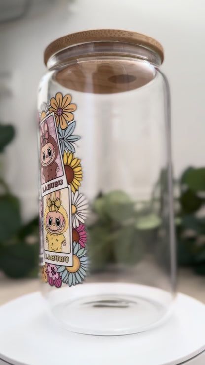 Flower Labubu dolls iced coffee can, Labubu Libbey Glass with Bamboo Lid and Glass Straw