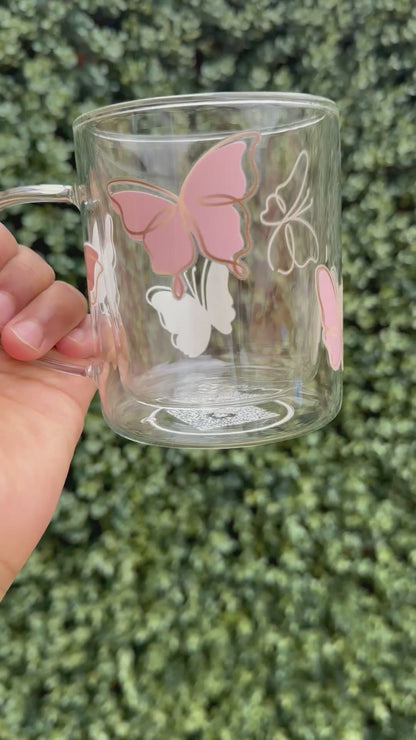Butterfly glass coffee mug . Pink Girly mug. Glass mug .Gift for coffee lover .Butterfly mug 13oz Double walled