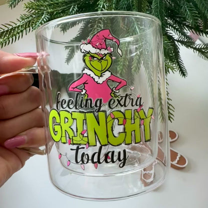 Feeling Extra Grinchy this Christmas Glass Coffee Mug: Double Walled 13oz