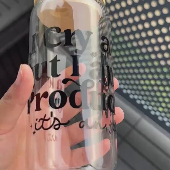 Eras tour Tswift TTPD Coffee Can Glass, I cry alot but I am so Productive glass can,16oz Beer Can Glass with Bamboo Lid and Glass Straw