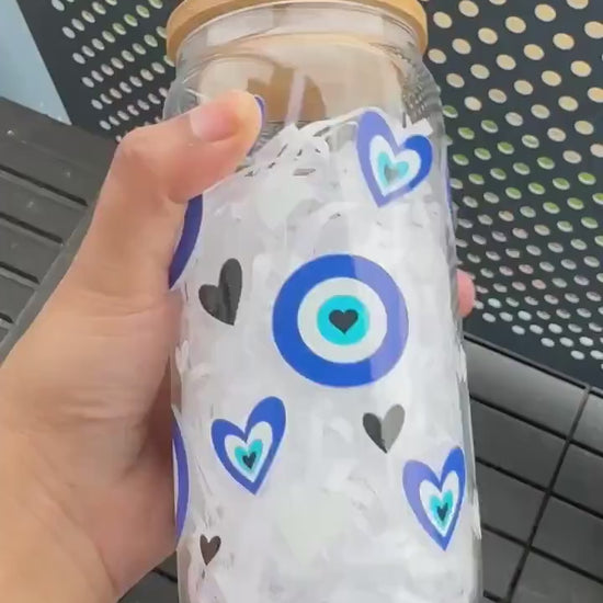 Blue Evil Eye Glass Tumbler, 16 oz Libby Cup - Heart Design, Perfect Gift for Loved Ones, Iced Coffee, Show Care