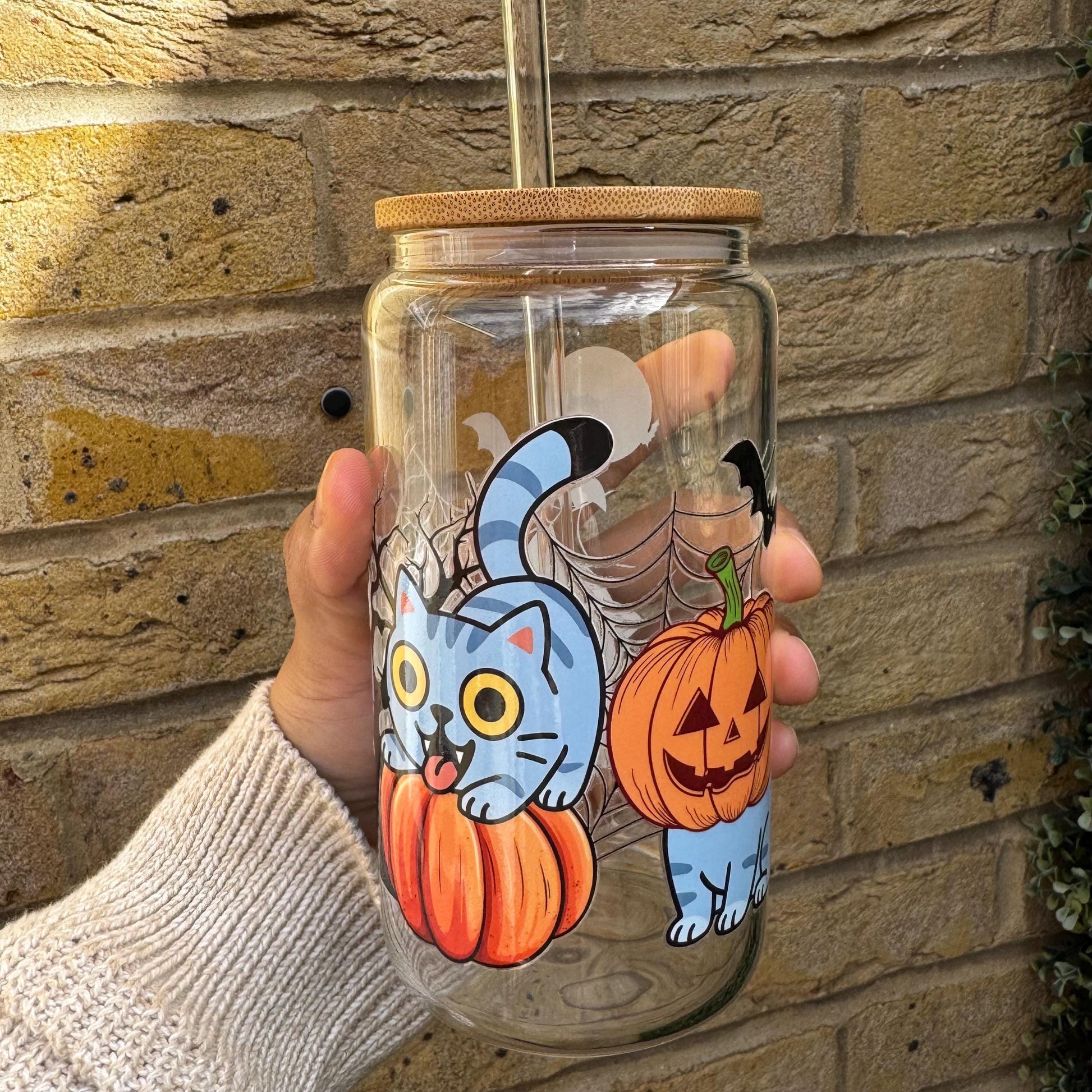 spooky cat pumpkin can glass 16 oz iced coffee tumbler