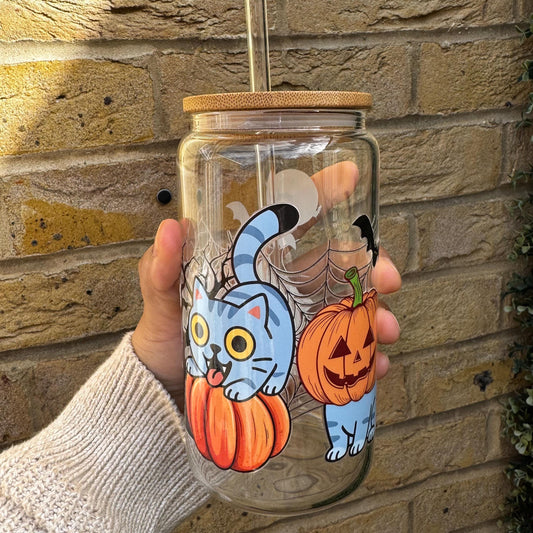 spooky cat pumpkin can glass 16 oz iced coffee tumbler